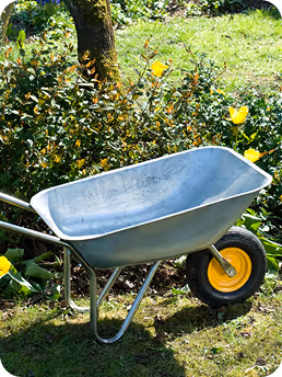 Leere graue Schubkarre mit gelbem Rad auf grasbewachsenem Boden neben blühenden gelben Blumen und einem Baumstamm.
