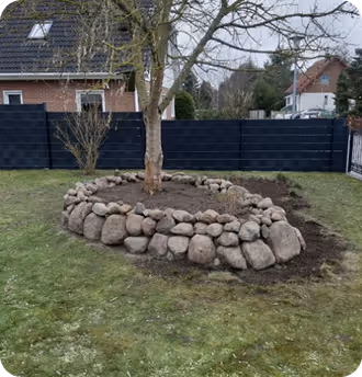 Baum im Garten, umgeben von einem kreisförmigen Steinhügel mit Erde, umgeben von Rasen und einem schwarzen Zaun im Hintergrund.